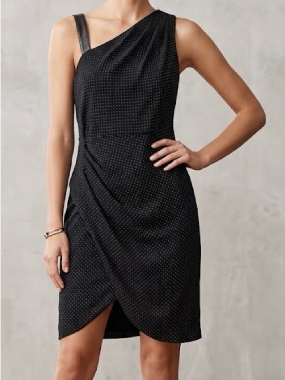 DKNY One-Shoulder Black Cocktail Dress with Subtle Dot Texture Size L